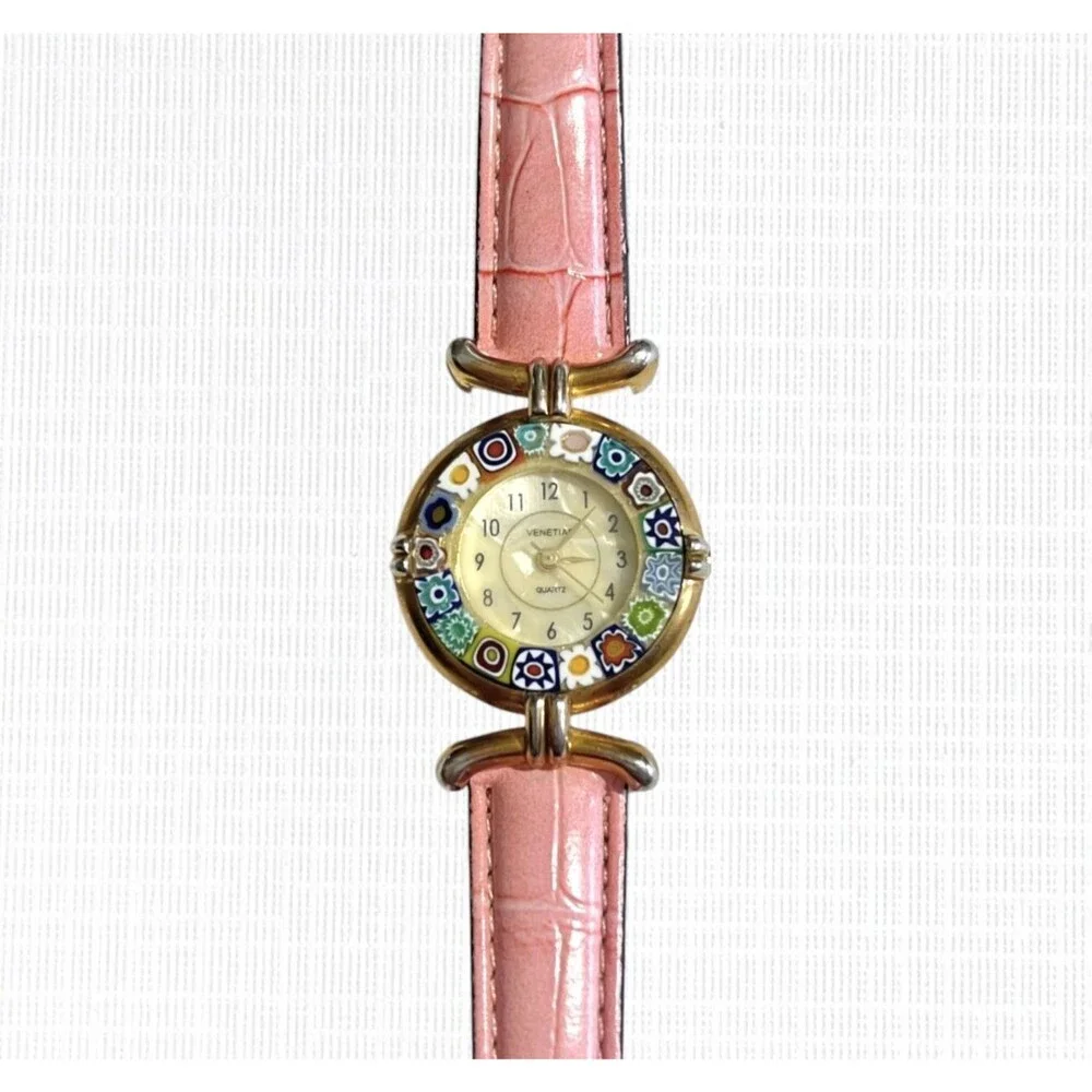 Venetiae Murano Millefiori Glass Quartz Wristwatch Womens Pink Strap Croc Style